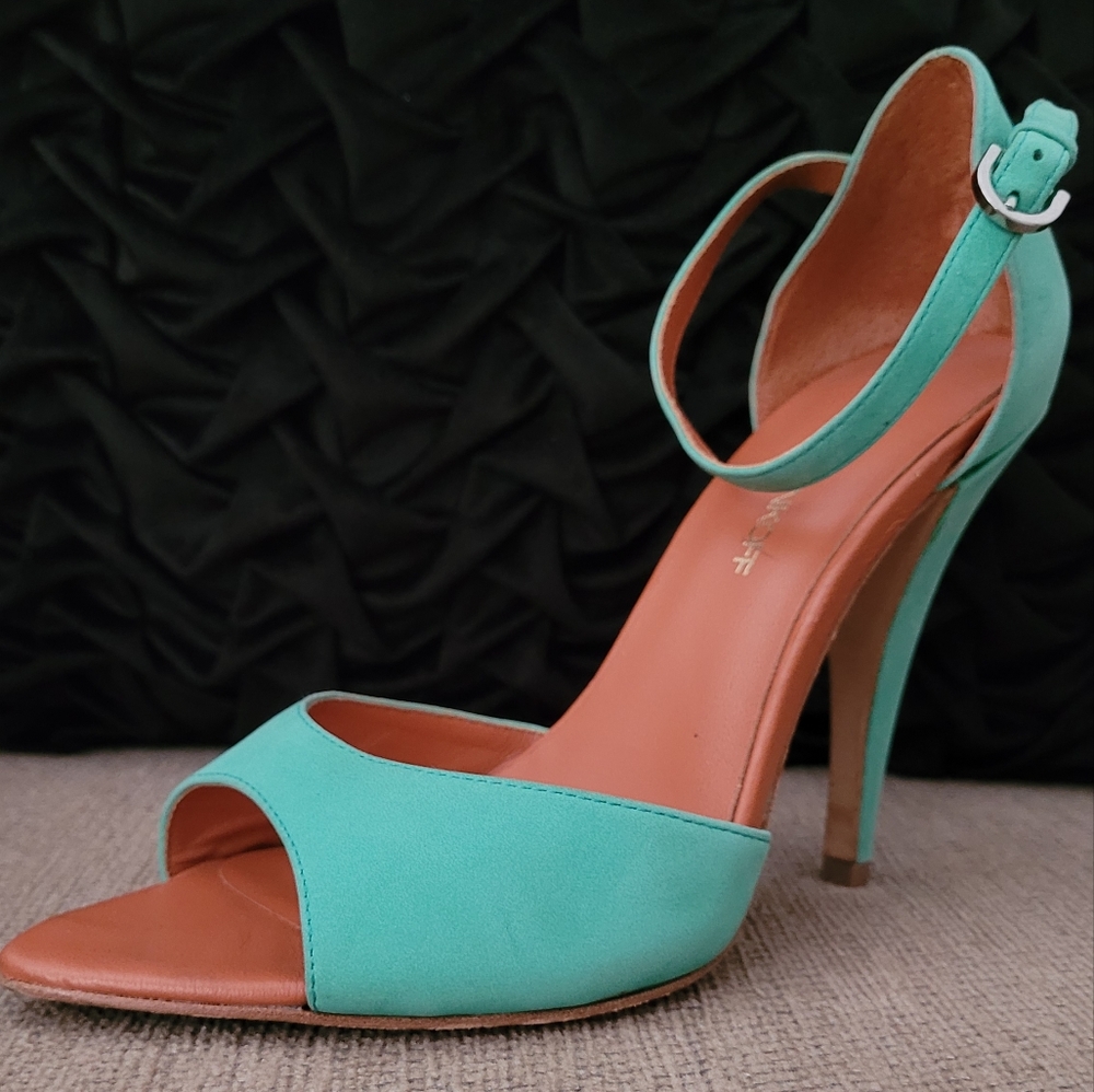 REBECCA MINKOFF ELLIE POINTED PEEP TOE MINT GREEN HEELED SANDALS